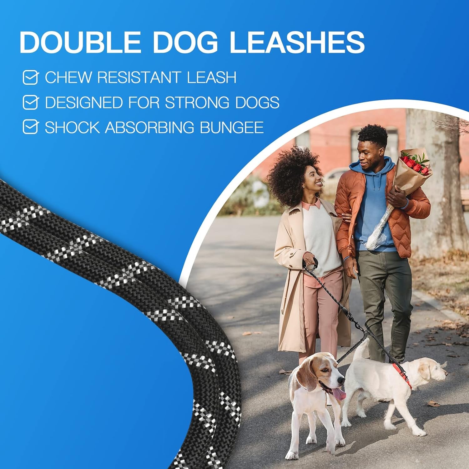 Tangle-Free Double Dog Leash with 360° Swivel | Shock-Absorbing Reflective Bungee Leash