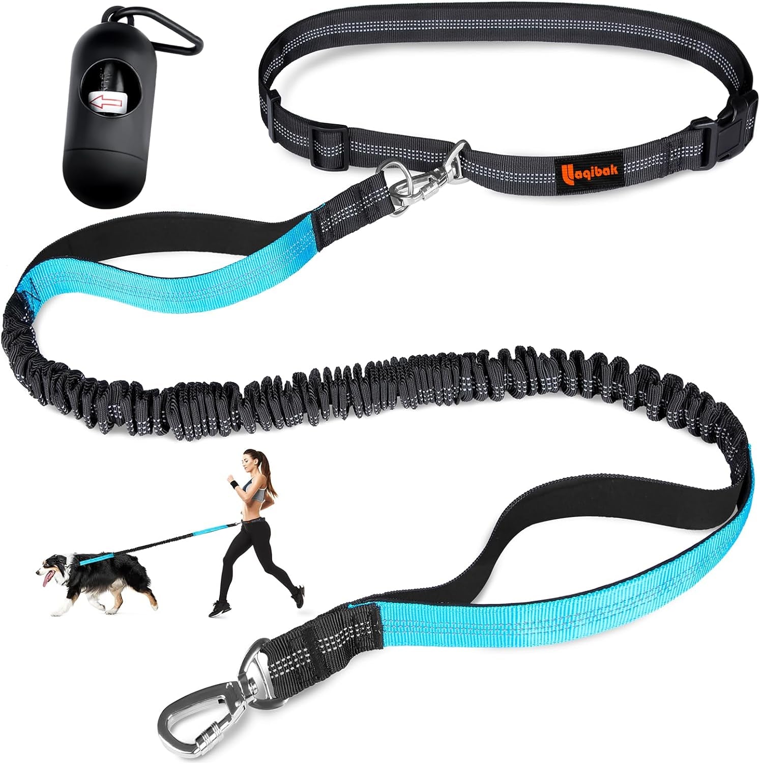 Hands Free Adjustable Waist Dog Leash with Reflective Stitches, Fits 26"- 47" Waist, 