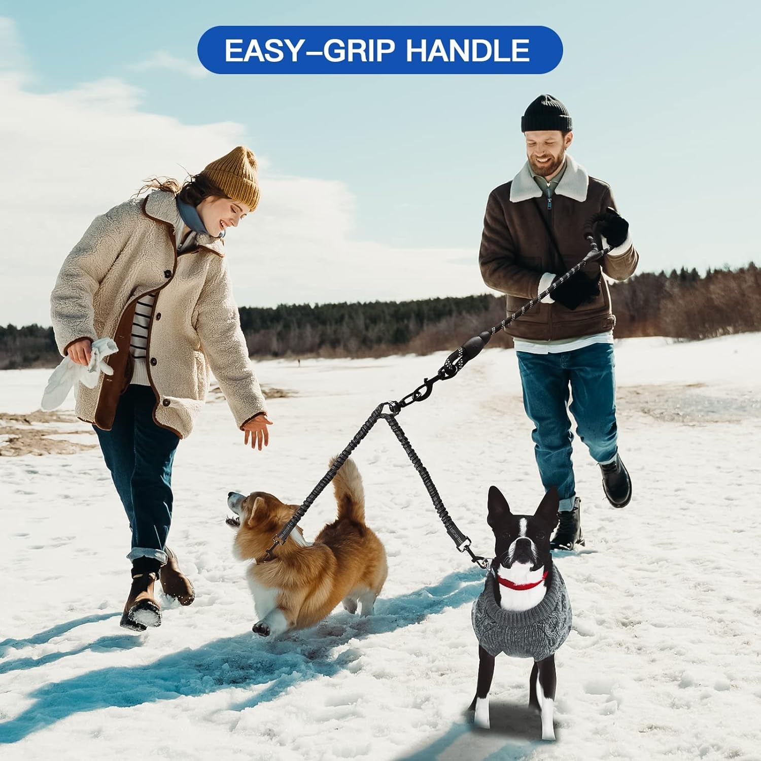 Tangle-Free Double Dog Leash with 360° Swivel | Shock-Absorbing Reflective Bungee Leash