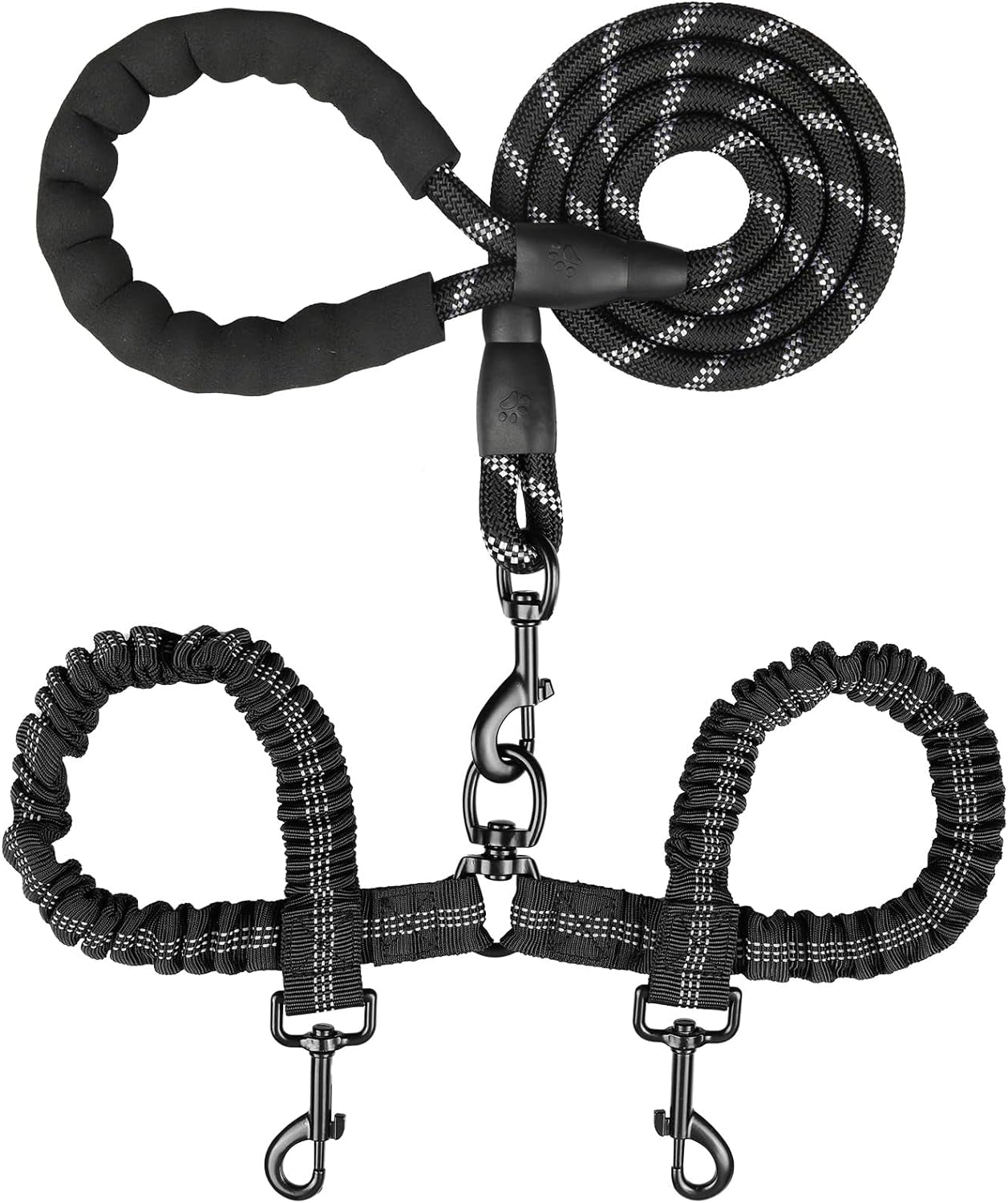 Tangle-Free Double Dog Leash with 360° Swivel | Shock-Absorbing Reflective Bungee Leash